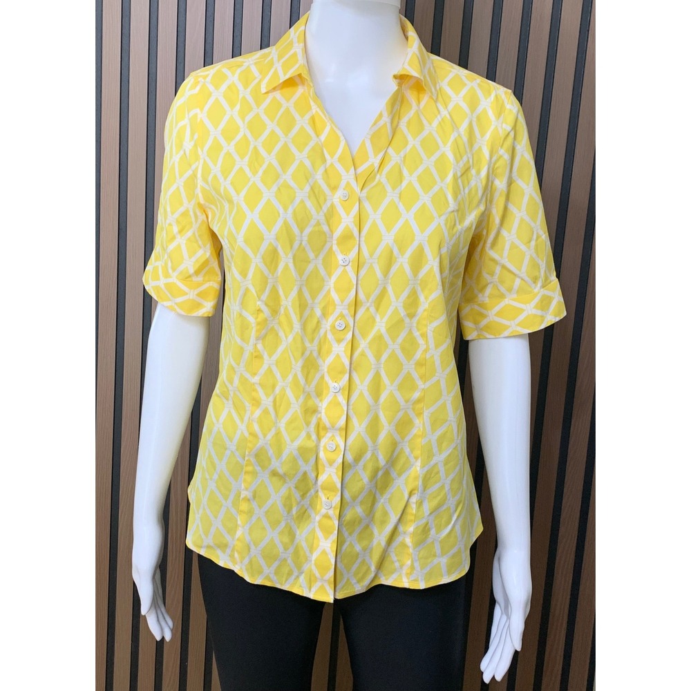 Talbots Petites Yellow White Geometric Trellis Button Down Shirt 8P Wrinkle
